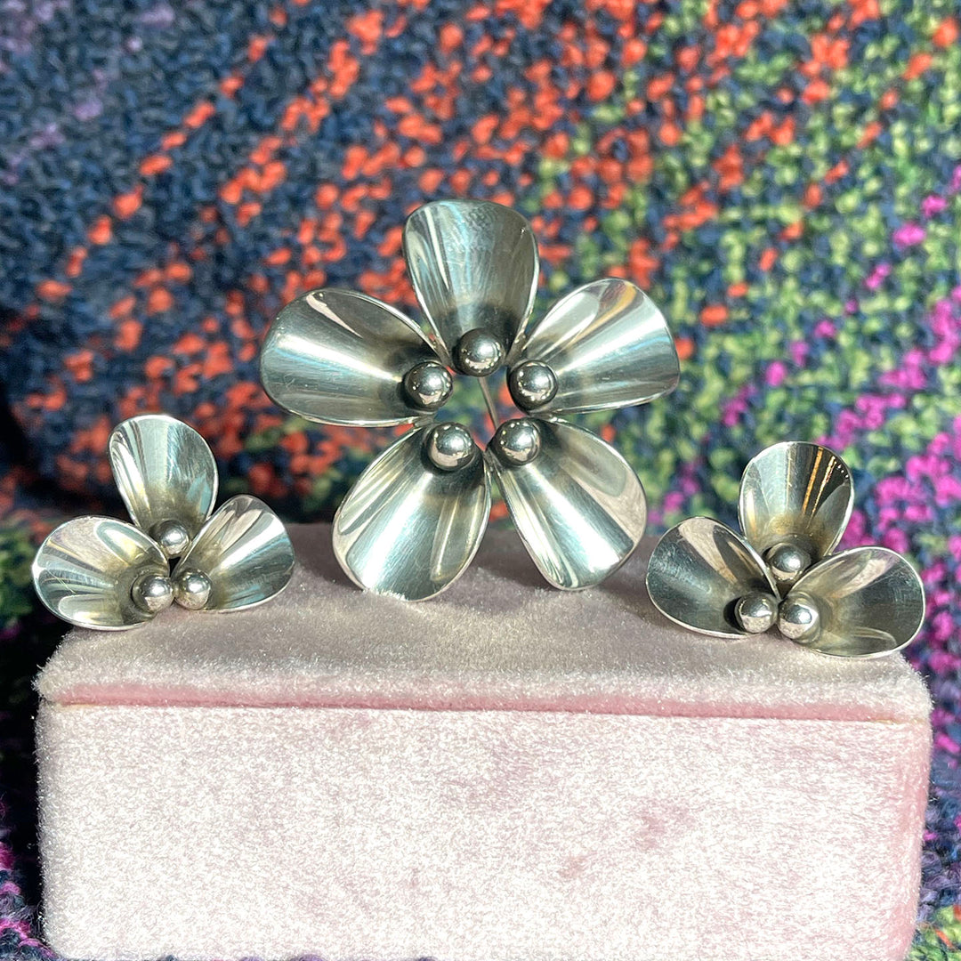 Vintage Sterling Silver Flower Brooch and Earrings, by N.E. From, Denmark. 1960s