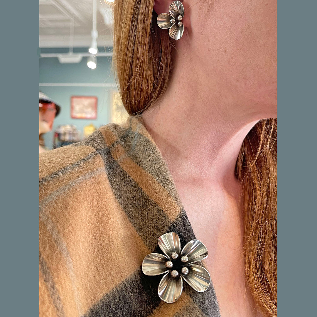 Vintage Sterling Silver Flower Brooch and Earrings, by N.E. From, Denmark. 1960s