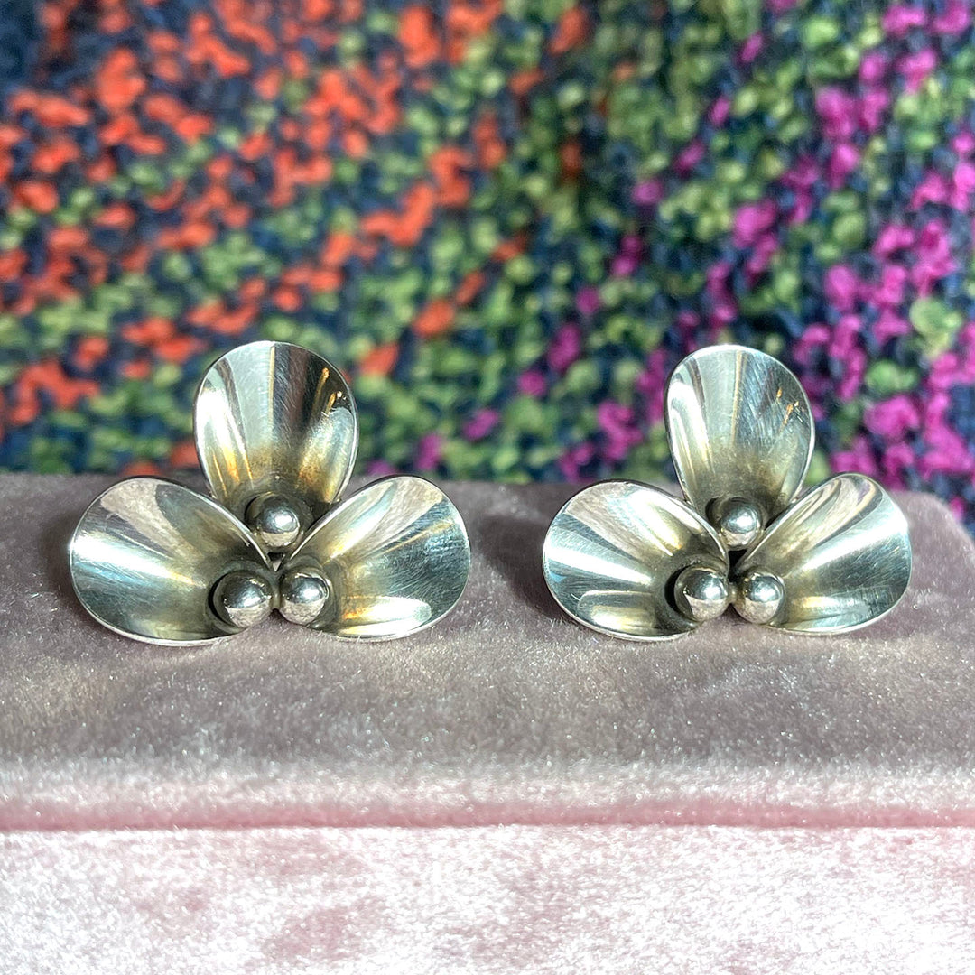 Vintage Sterling Silver Flower Brooch and Earrings, by N.E. From, Denmark. 1960s