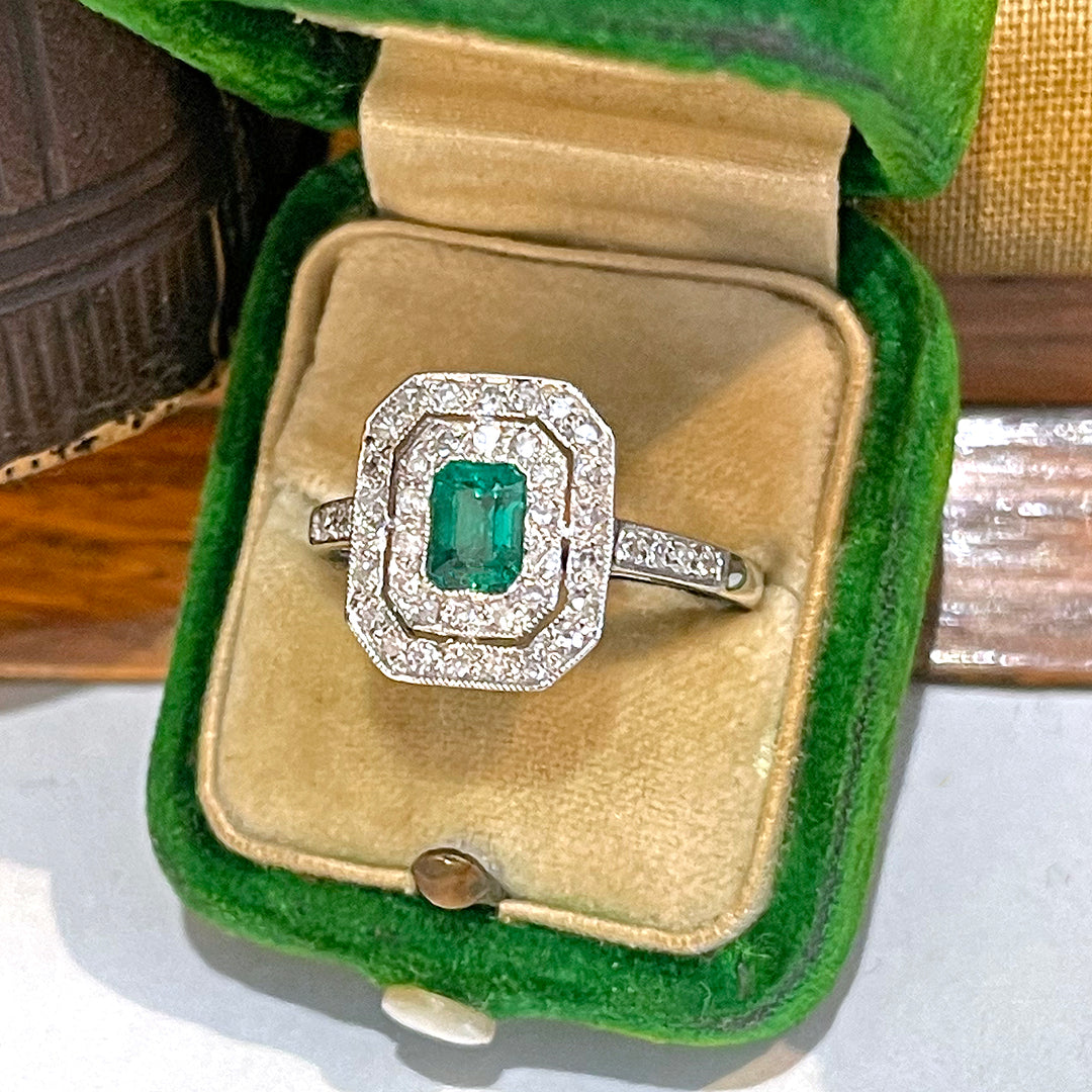 Vintage Emerald and Diamond Double Halo Ring in 18k White Gold