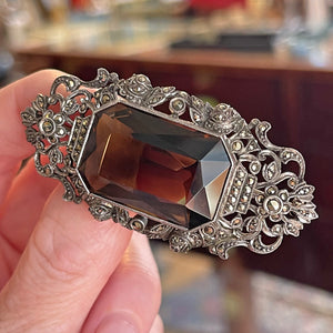 Vintage Silver Smokey Quartz Marcasite Parure Ring Earrings Necklace Brooch