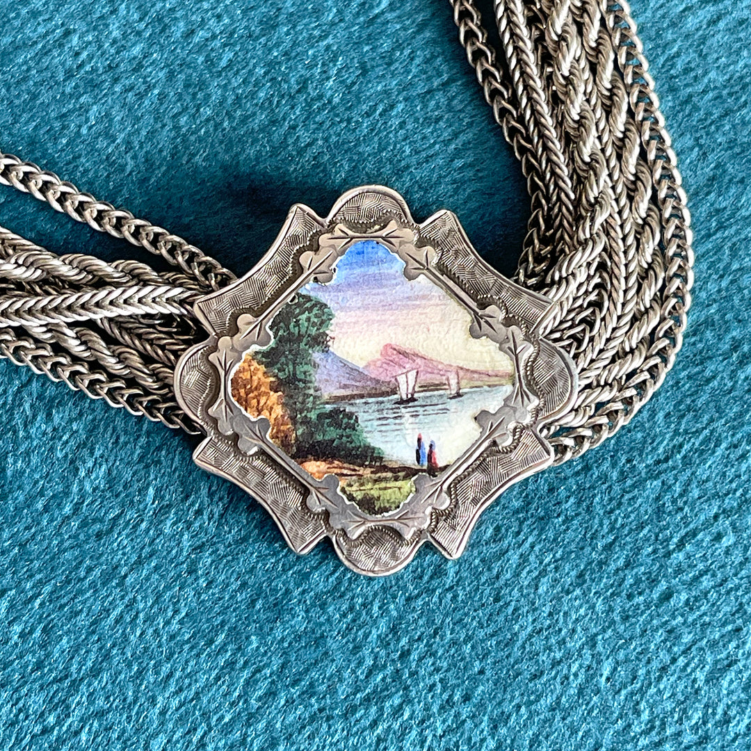 Victorian Silver Enamel Scene Engraved Albertina Bracelet Slide