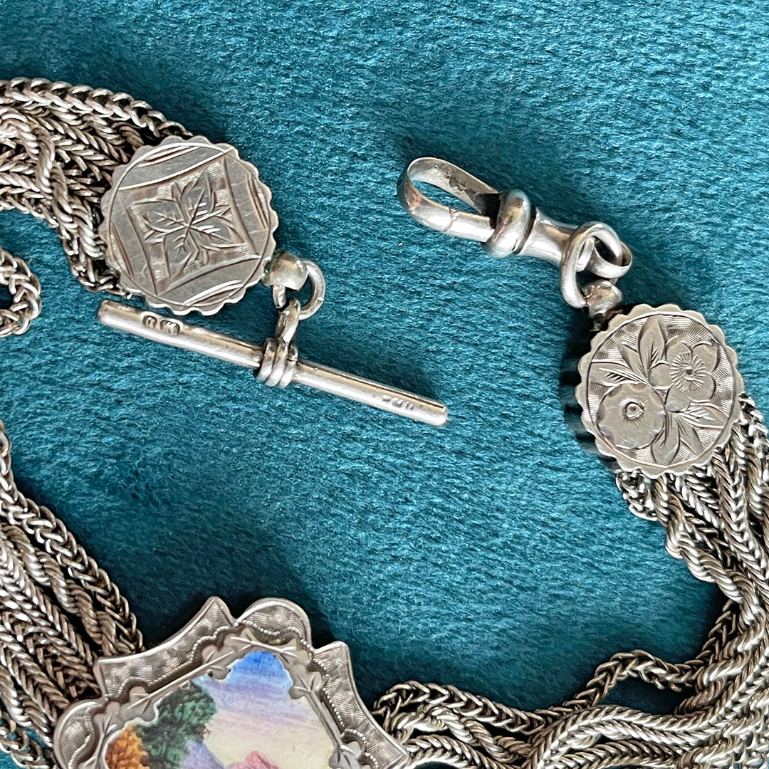 Victorian Silver Enamel Scene Engraved Albertina Bracelet Slide