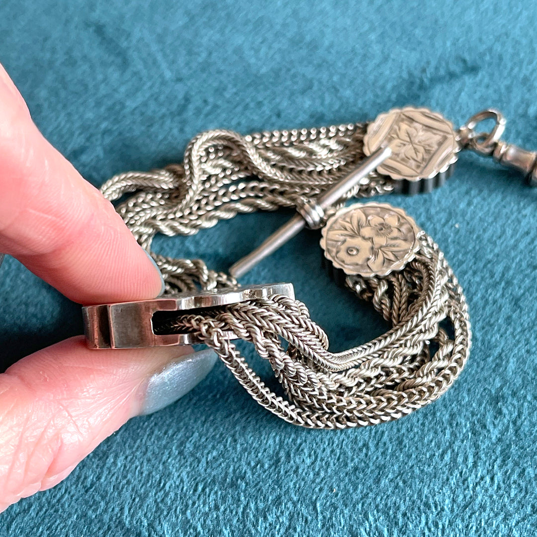 Victorian Silver Enamel Scene Engraved Albertina Bracelet Slide