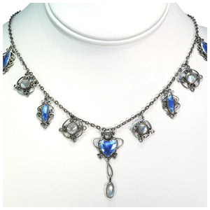 Antique Arts and Crafts Era Necklace Blue Enamel Silver Moonstone