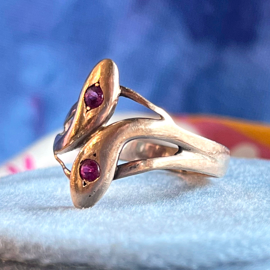 Antique Double Snake Ruby Gold Ring 15k