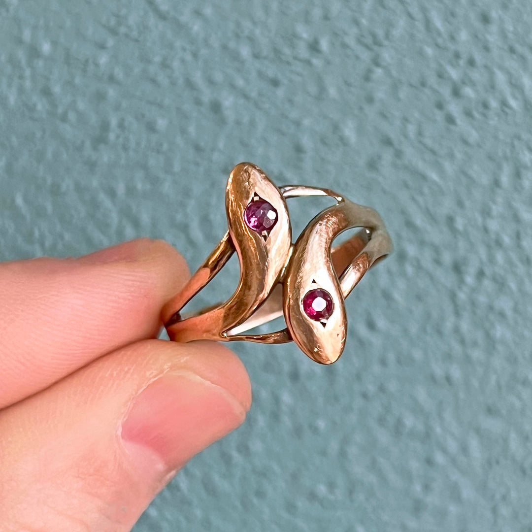 Antique Double Snake Ruby Gold Ring 15k
