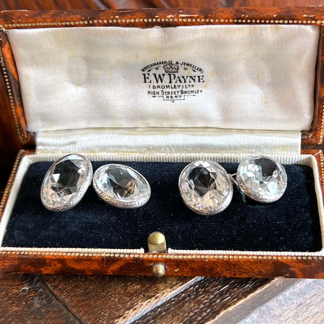 Antique Edwardian Cufflinks Silver and Crystal in Original Case c. 1910