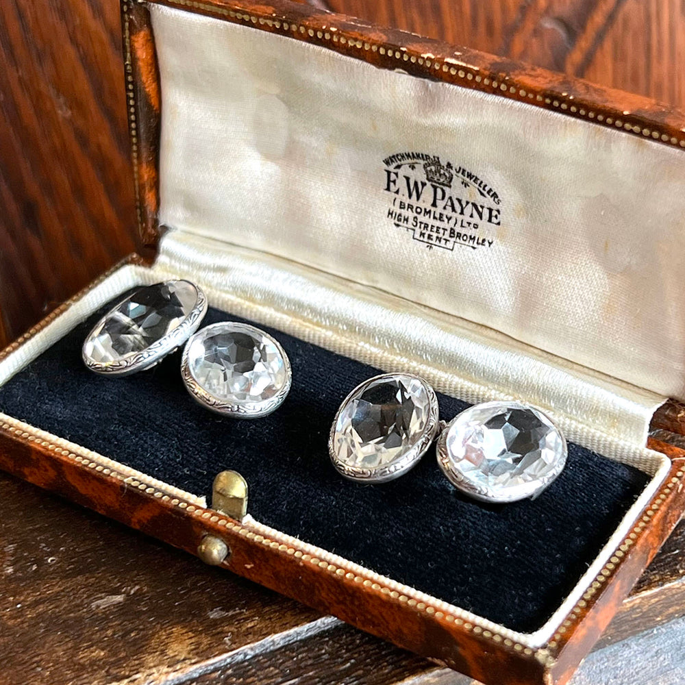 Antique Edwardian Cufflinks Silver and Crystal in Original Case c. 1910