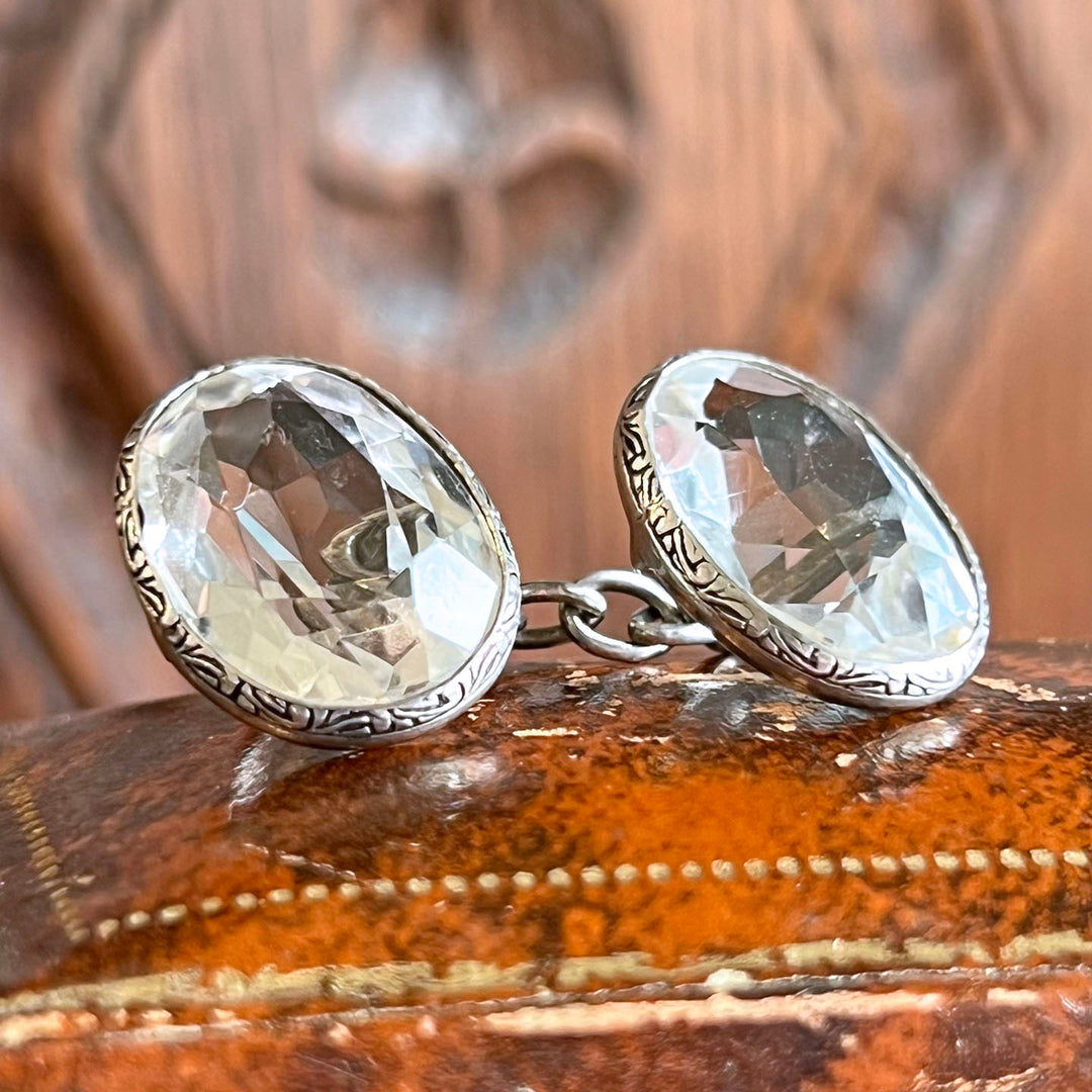 Antique Edwardian Cufflinks Silver and Crystal in Original Case c. 1910
