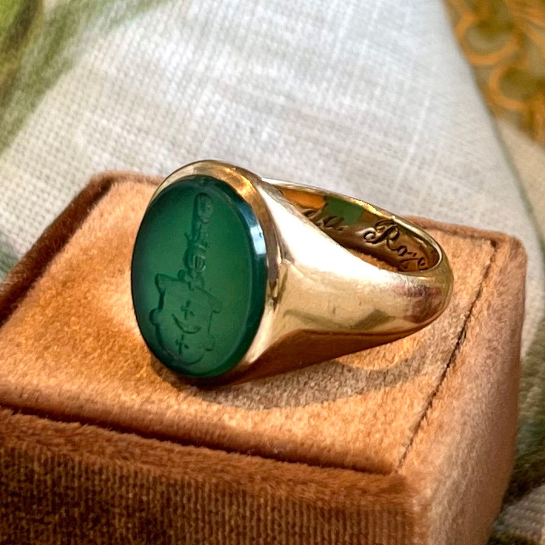 Antique Edwardian Gold Chalcedony Intaglio Ring, 15k Gold, c. 1900