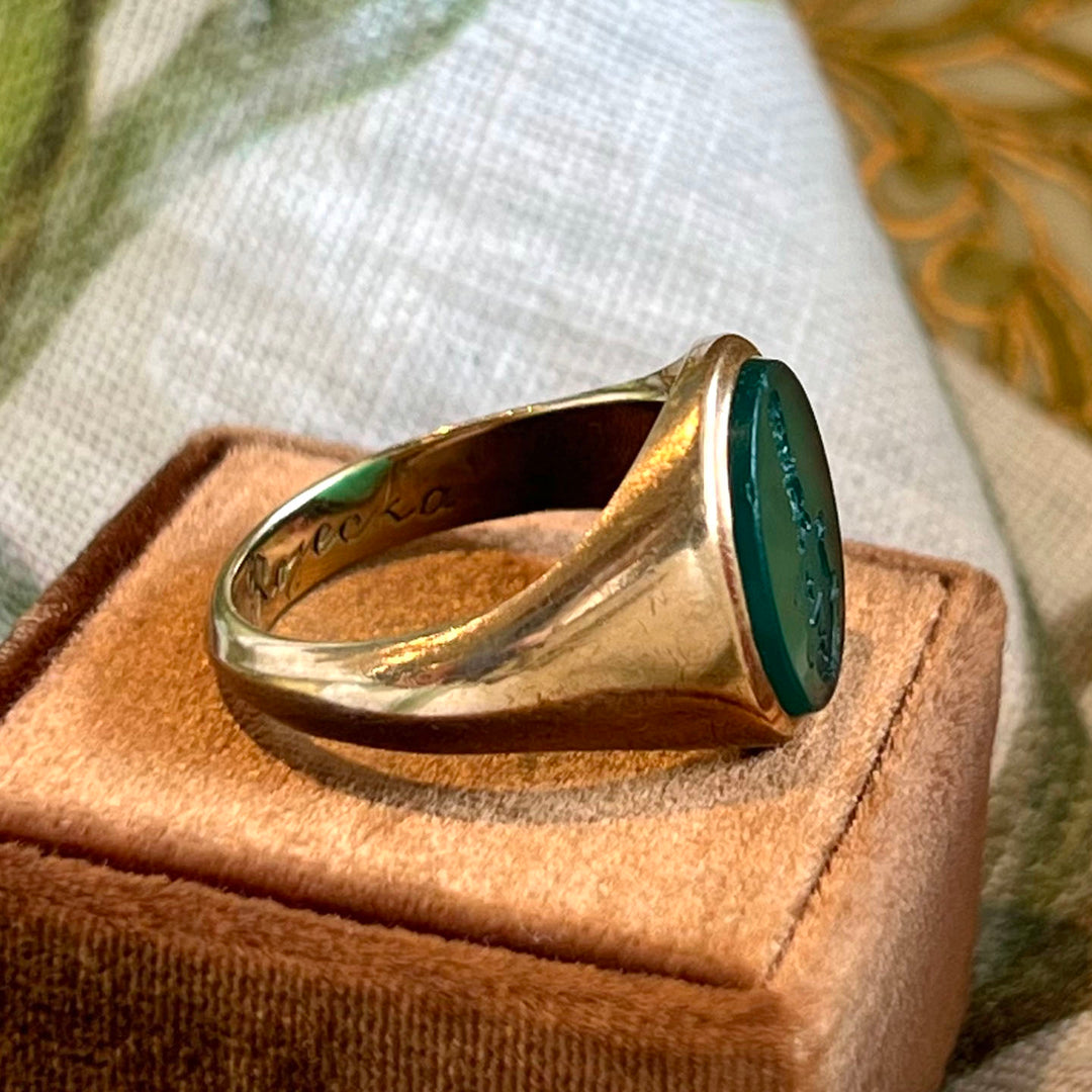Antique Edwardian Gold Chalcedony Intaglio Ring, 15k Gold, c. 1900
