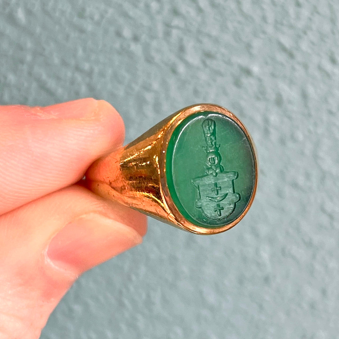 Antique Edwardian Gold Chalcedony Intaglio Ring, 15k Gold, c. 1900