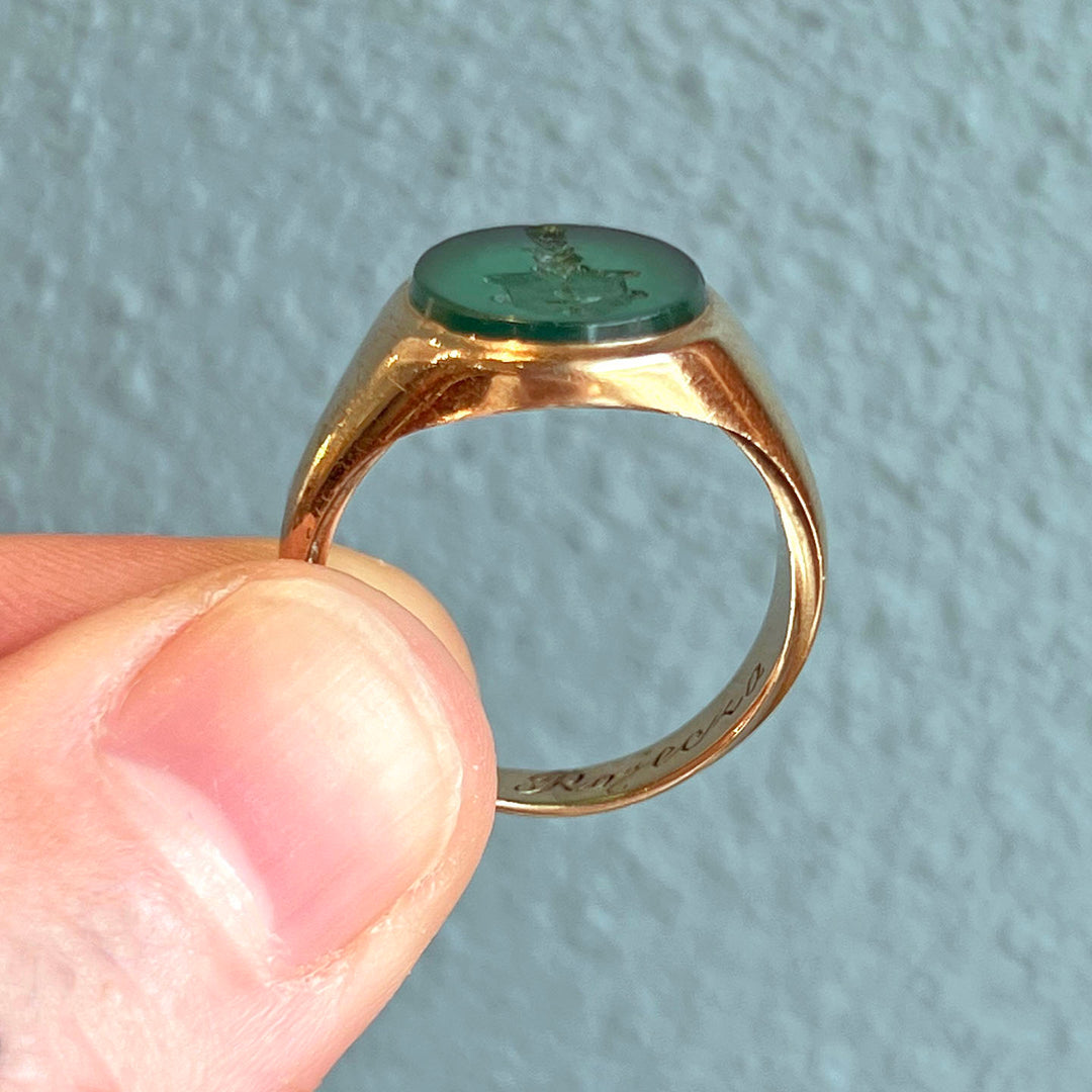 Antique Edwardian Gold Chalcedony Intaglio Ring, 15k Gold, c. 1900