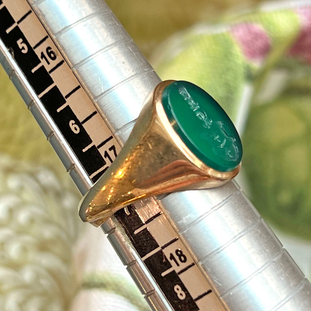 Antique Edwardian Gold Chalcedony Intaglio Ring, 15k Gold, c. 1900