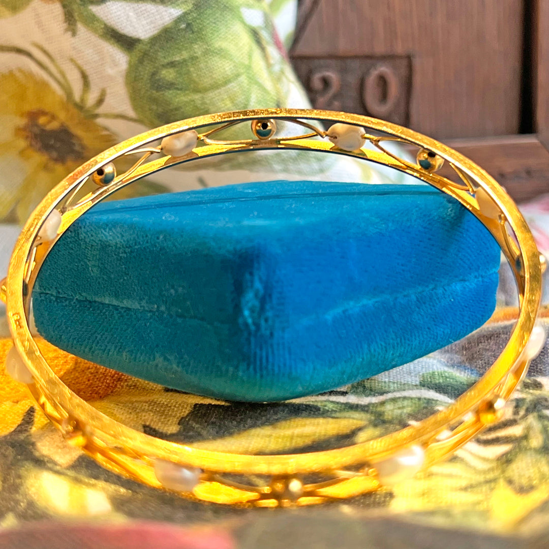 Antique Edwardian Pearl 9k Gold Bangle c. 1910