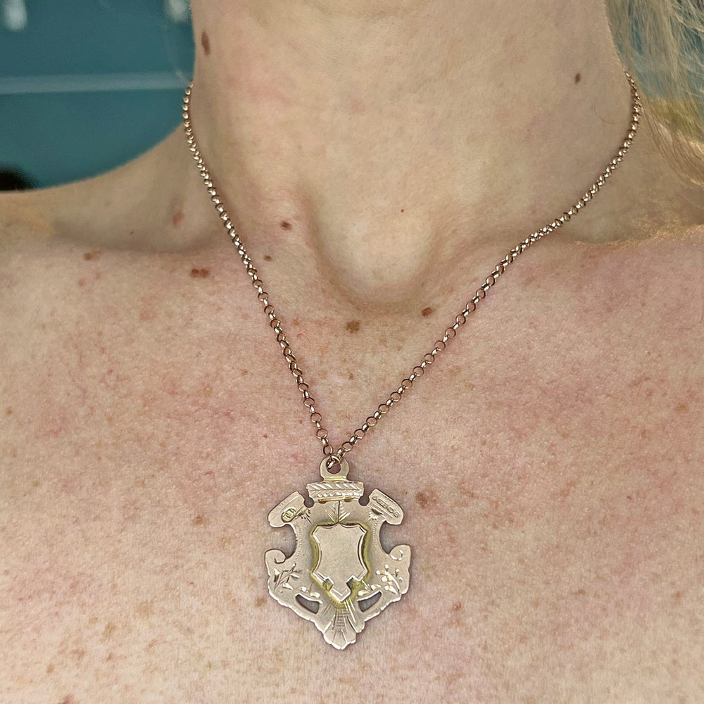 Antique Edwardian Pendant Gold Engraved Shield Fob, Birmingham 1912