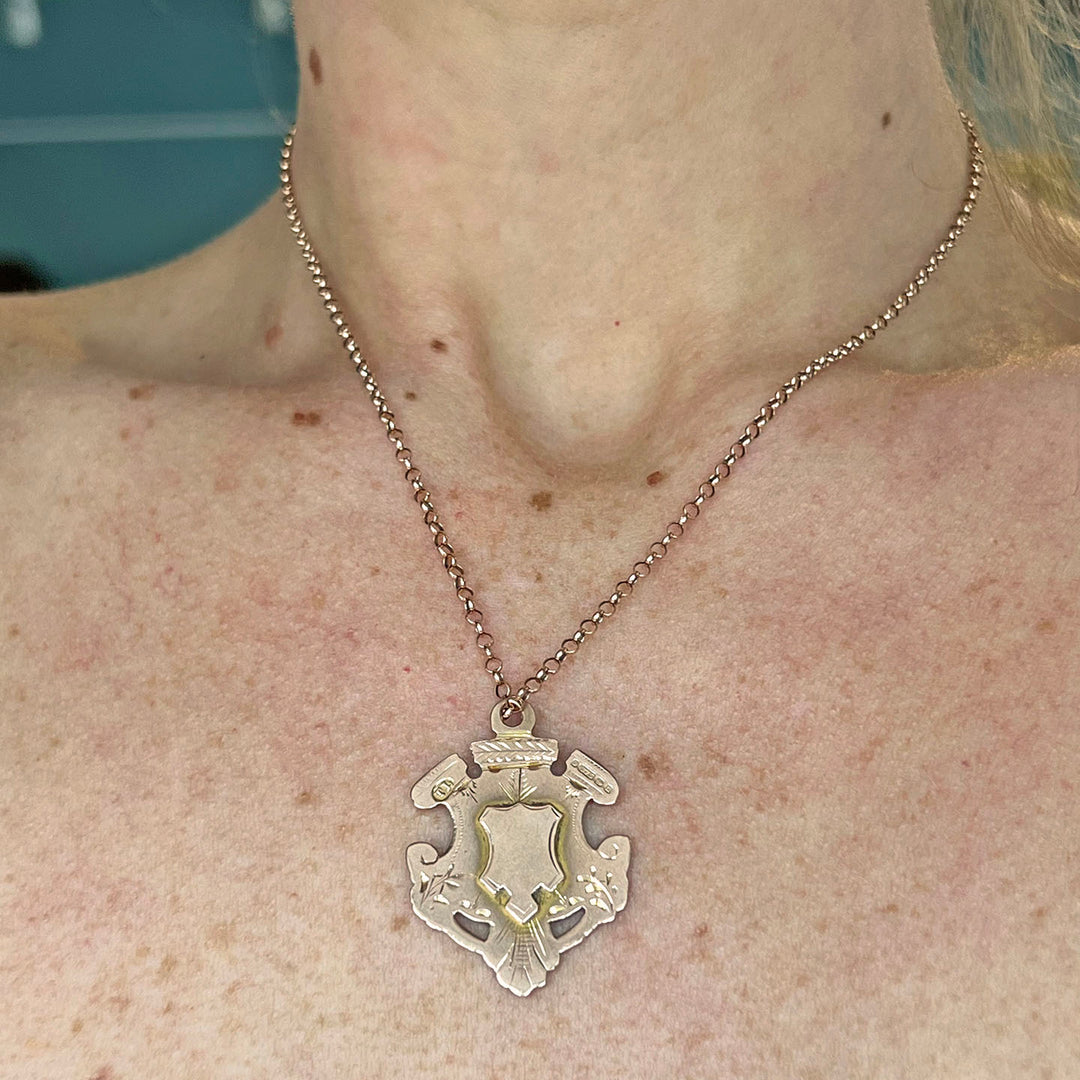 Antique Edwardian Pendant Gold Engraved Shield Fob, Birmingham 1912