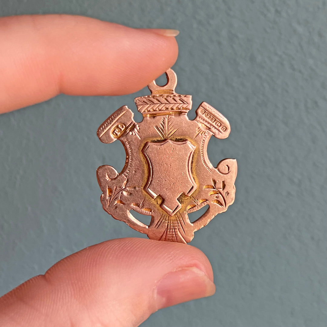 Antique Edwardian Pendant Gold Engraved Shield Fob, Birmingham 1912