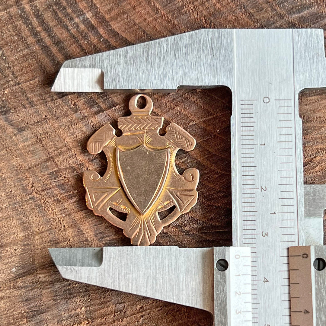Antique Edwardian Pendant Gold Engraved Shield Fob, Birmingham 1912