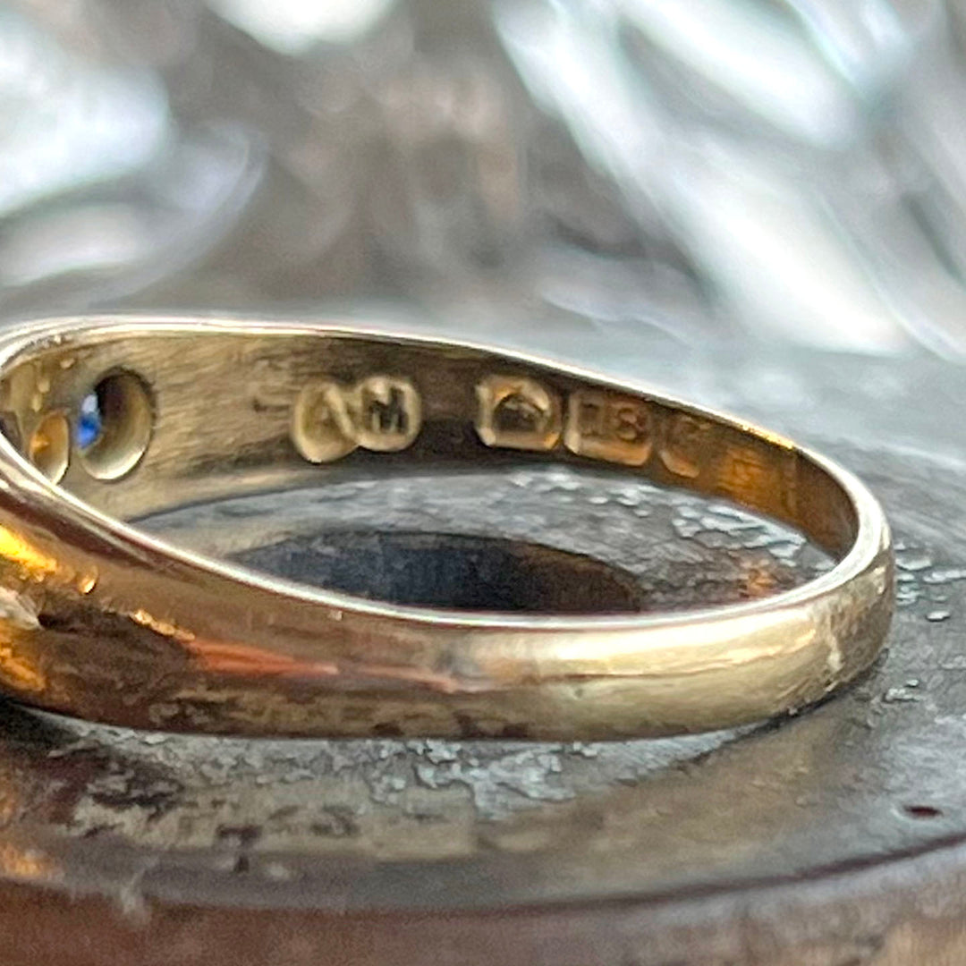 Antique Edwardian Sapphire Diamond 18k Gold Ring, Birmingham, Inscribed 1918