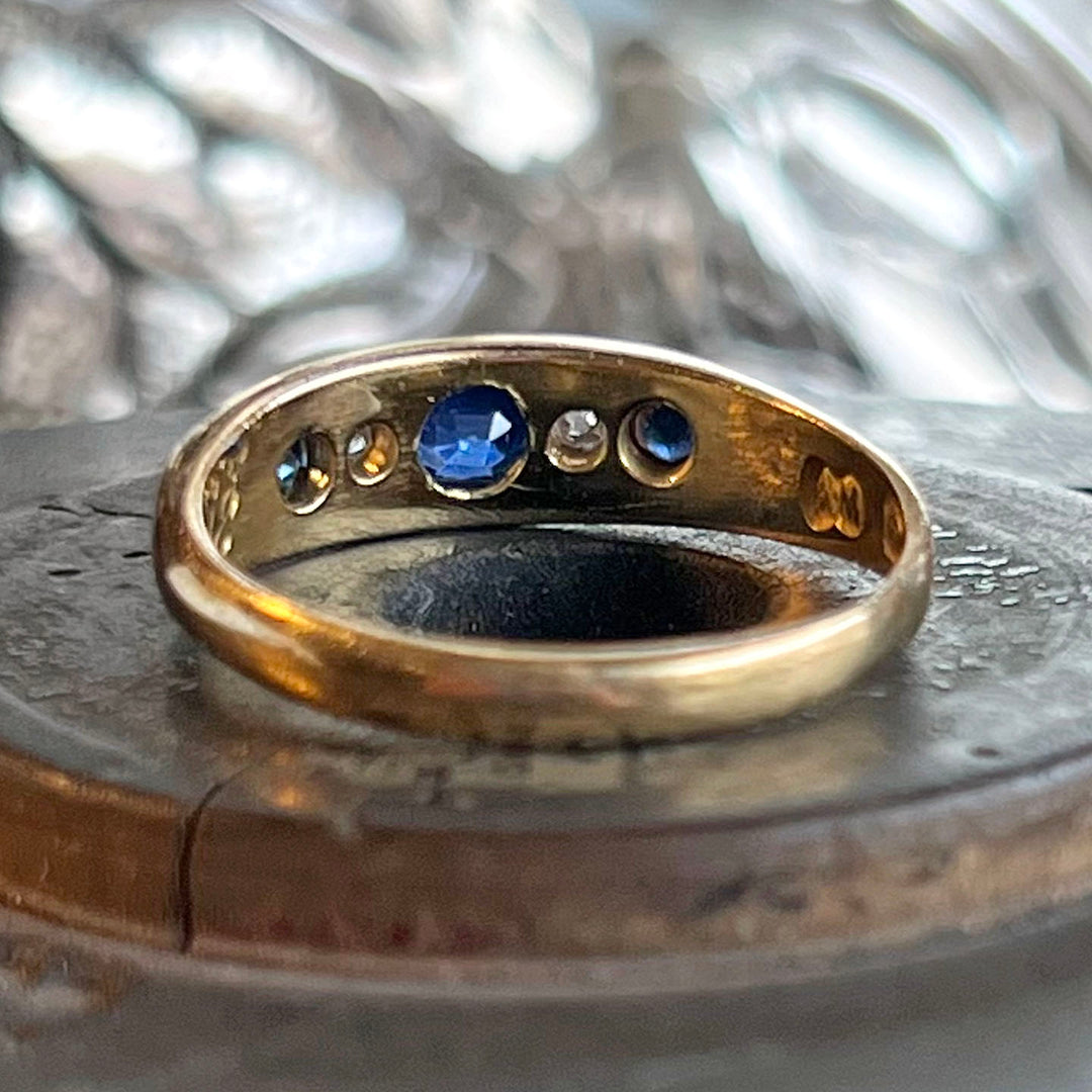 Antique Edwardian Sapphire Diamond 18k Gold Ring, Birmingham, Inscribed 1918