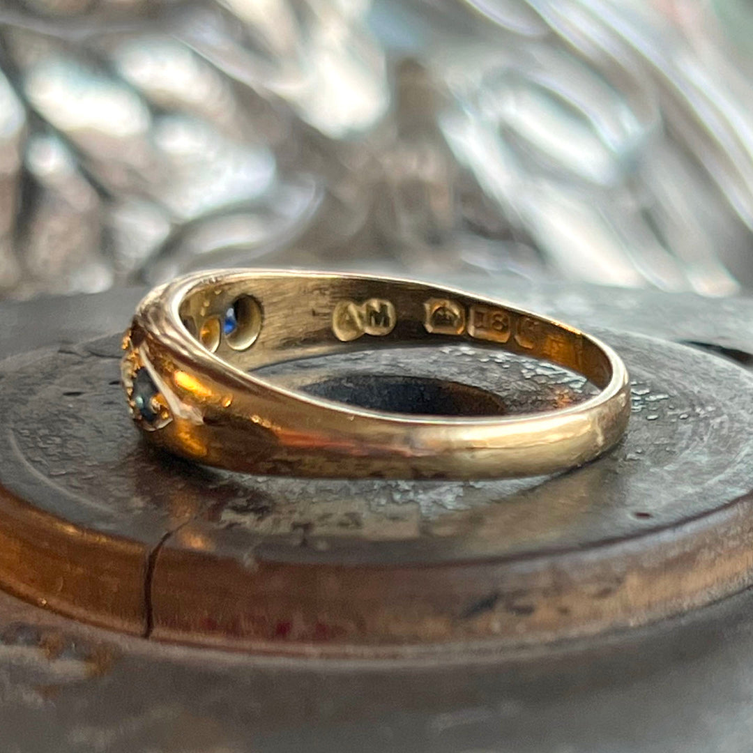 Antique Edwardian Sapphire Diamond 18k Gold Ring, Birmingham, Inscribed 1918