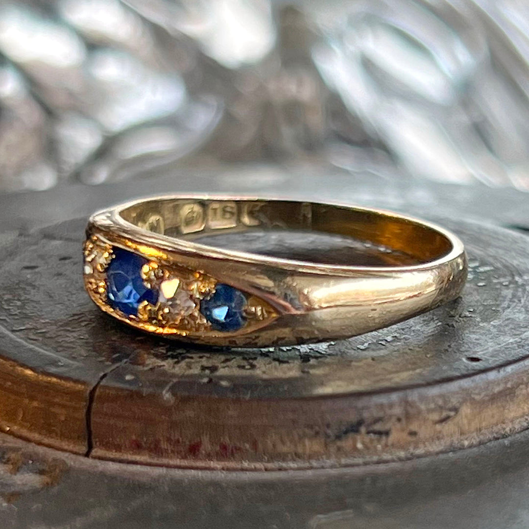 Antique Edwardian Sapphire Diamond 18k Gold Ring, Birmingham, Inscribed 1918