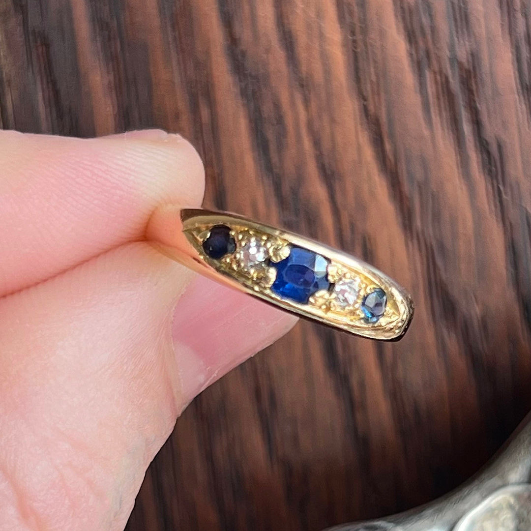Antique Edwardian Sapphire Diamond 18k Gold Ring, Birmingham, Inscribed 1918