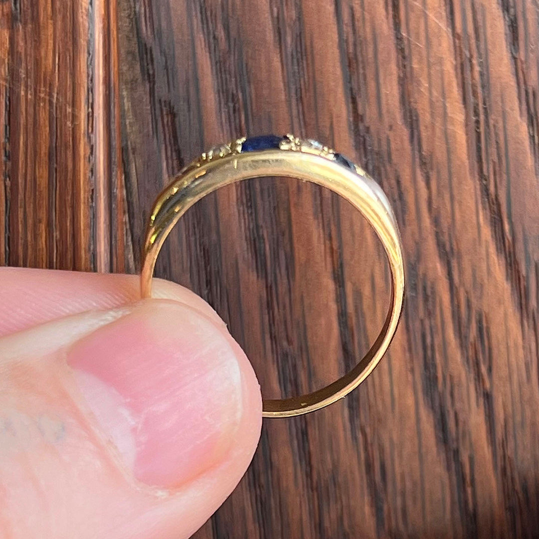 Antique Edwardian Sapphire Diamond 18k Gold Ring, Birmingham, Inscribed 1918