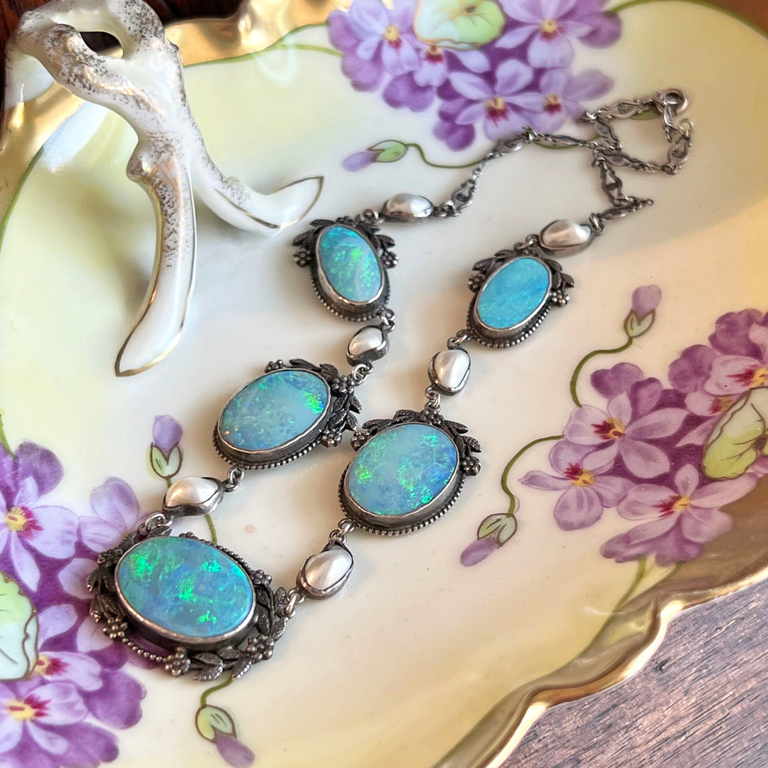 Antique Edwardian Silver Opal Pearl Necklace Silver c. 1910