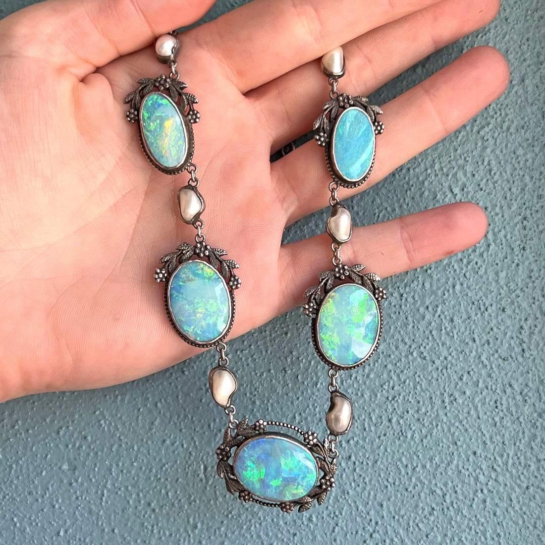 Antique Edwardian Silver Opal Pearl Necklace Silver c. 1910