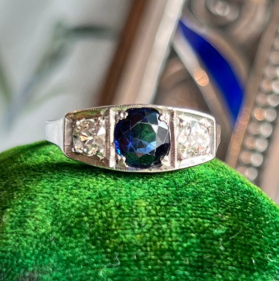 Antique French Art Deco Sapphire Diamond Ring Engagement Ring