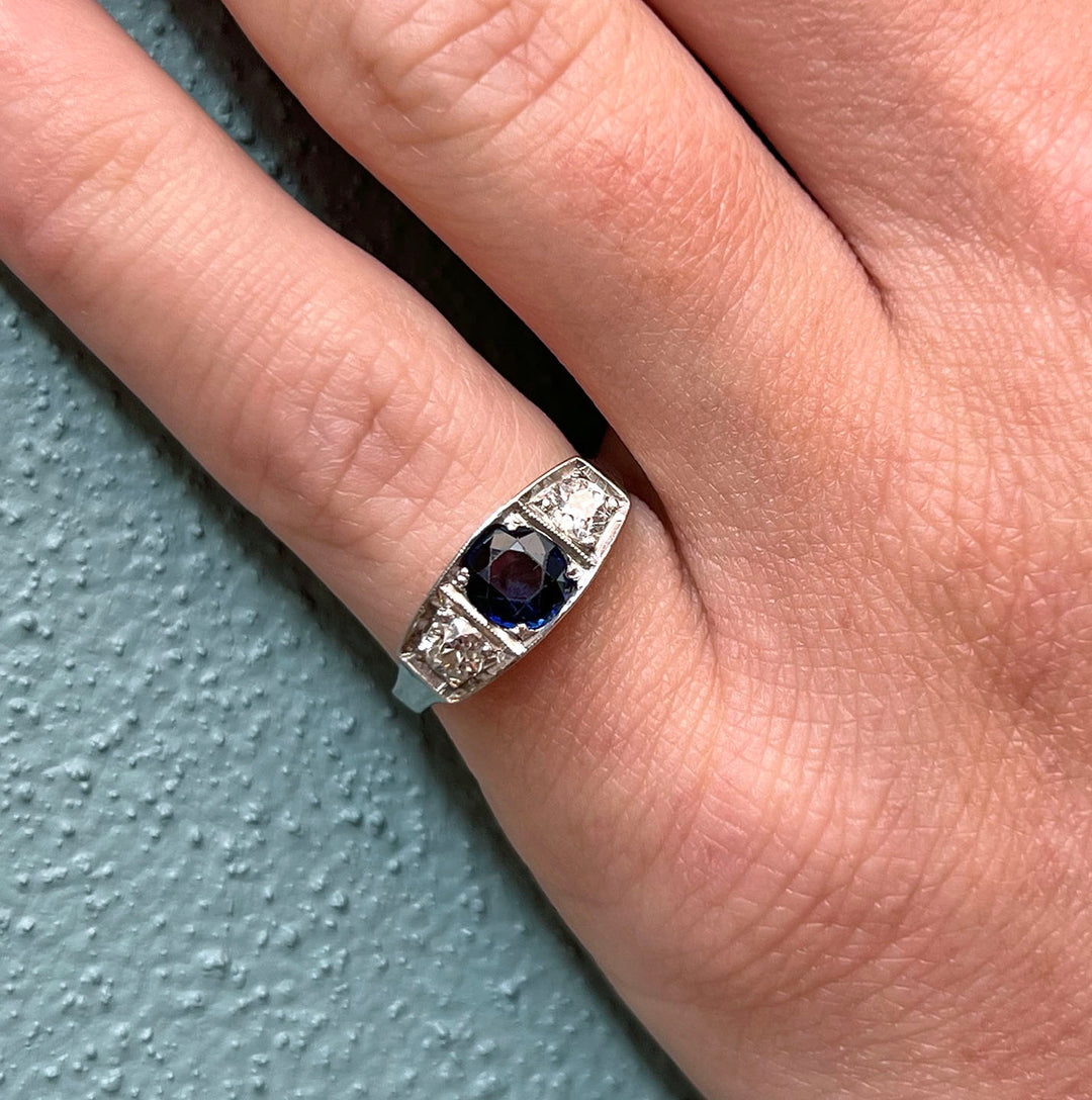 Antique French Art Deco Sapphire Diamond Ring Engagement Ring