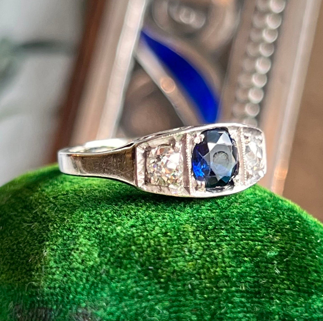 Antique French Art Deco Sapphire Diamond Ring Engagement Ring