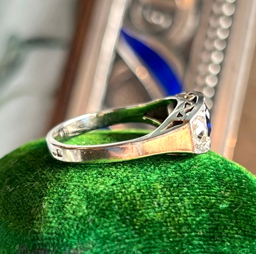 Antique French Art Deco Sapphire Diamond Ring Engagement Ring
