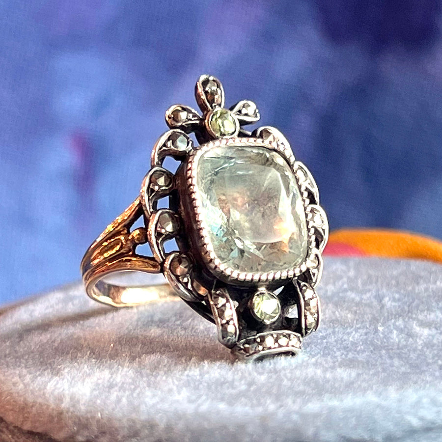 Antique French Ring Gold and Silver Set Aquamarine and Marcasite, c. 1890
