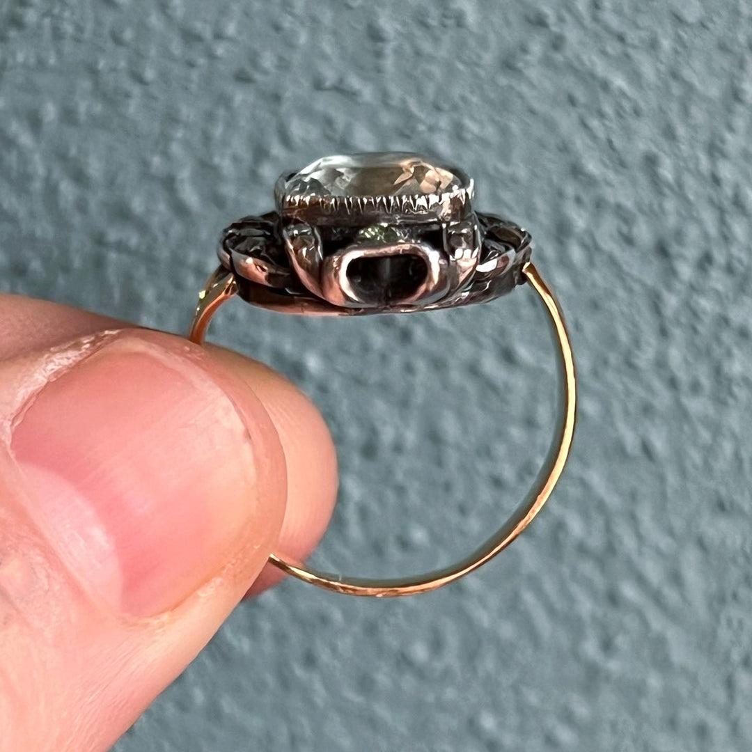 Antique French Ring Gold and Silver Set Aquamarine and Marcasite, c. 1890