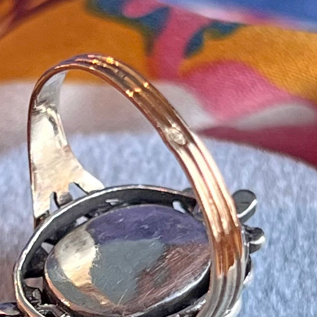 Antique French Ring Gold and Silver Set Aquamarine and Marcasite, c. 1890