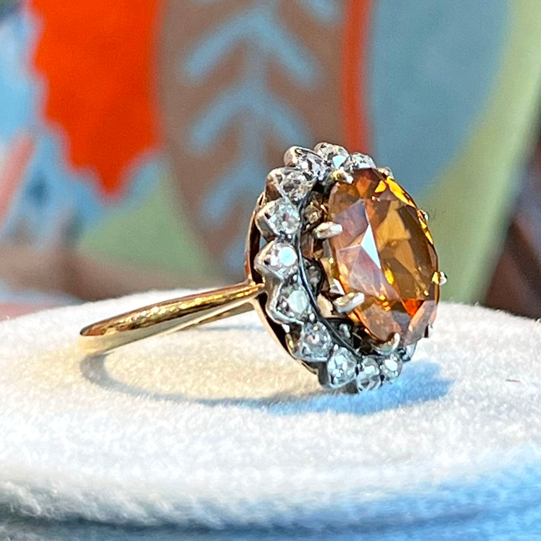 Antique Orange Zircon Diamond Cluster Ring c. 1900