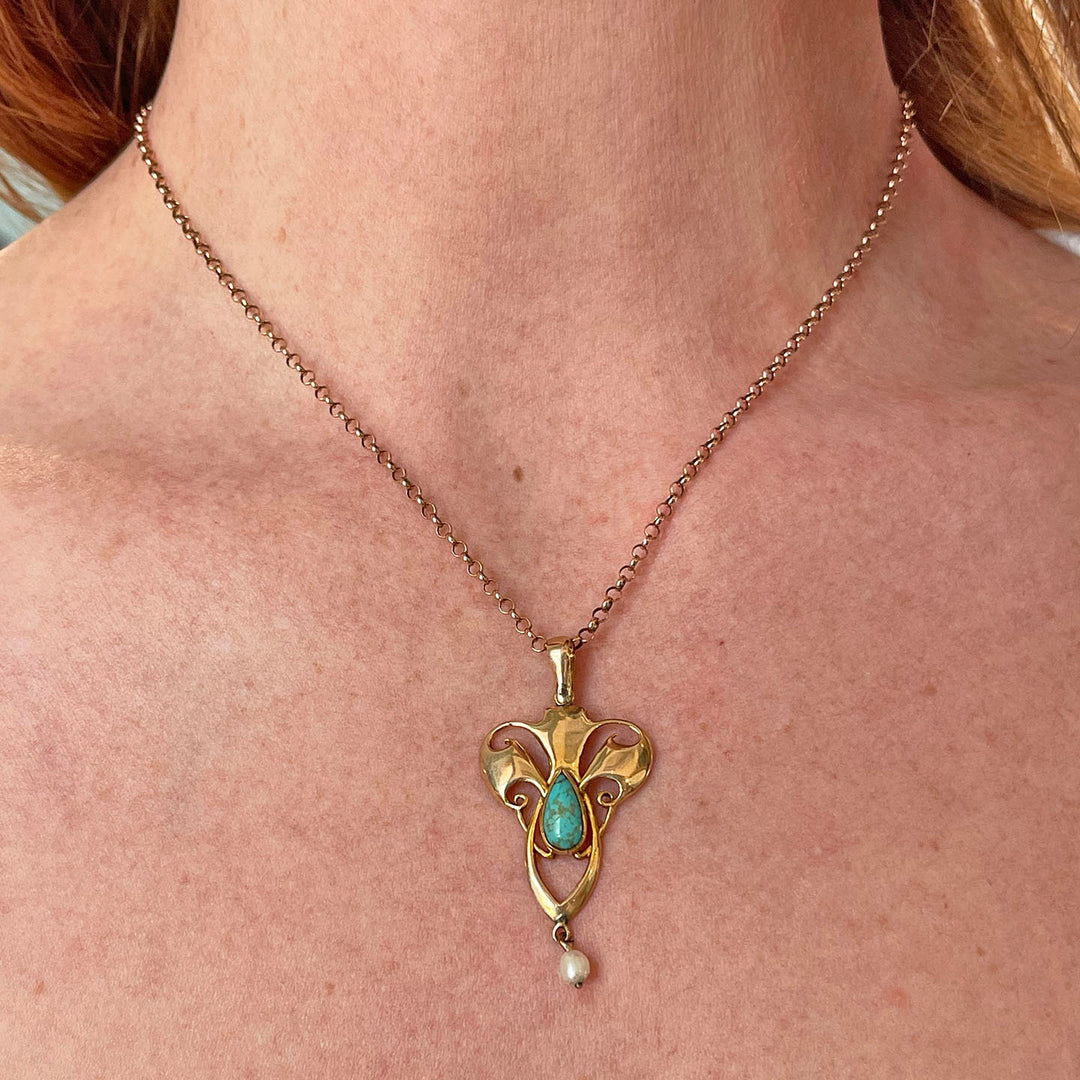 Antique Turquoise Pearl Pendant Edwardian Art Nouveau