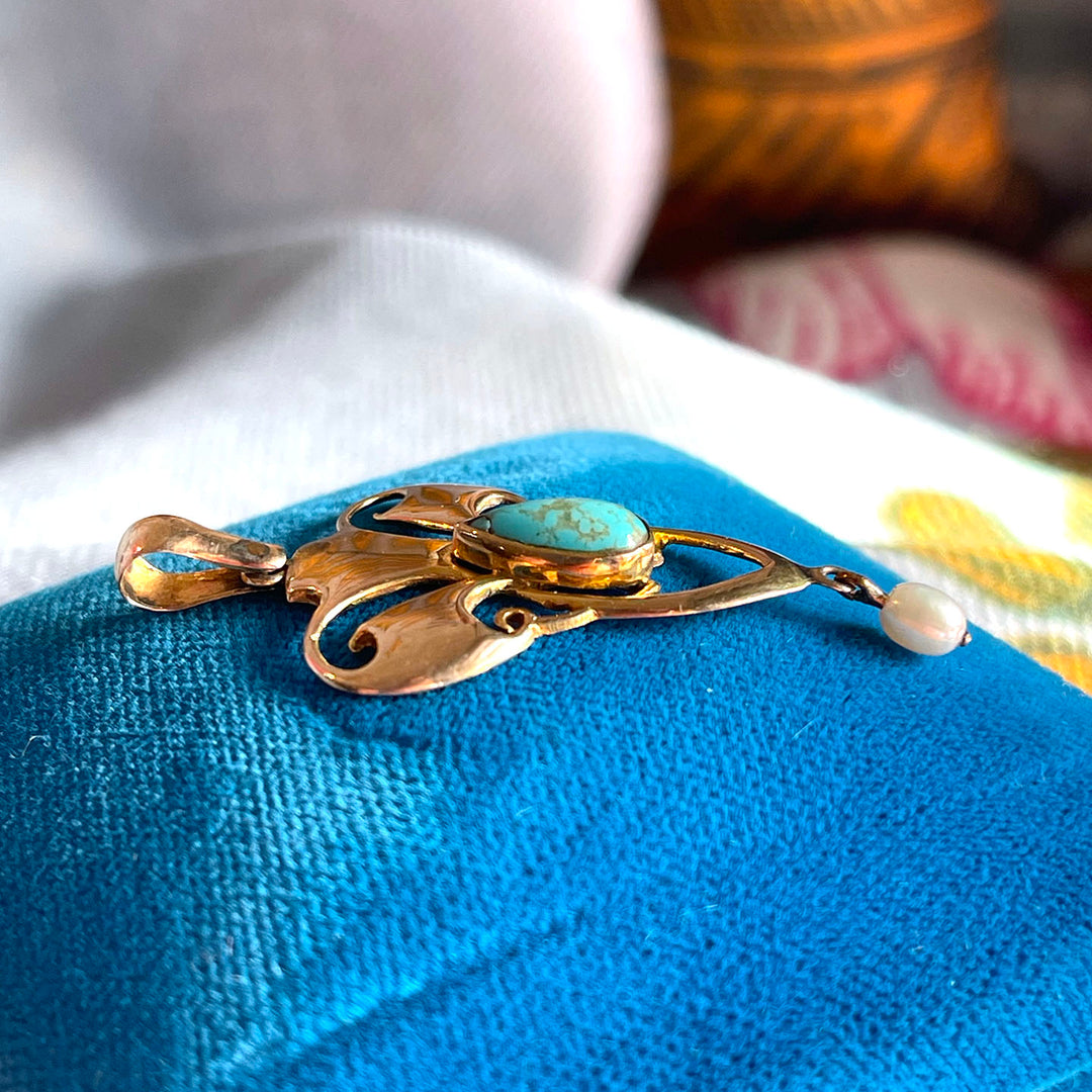 Antique Turquoise Pearl Pendant Edwardian Art Nouveau