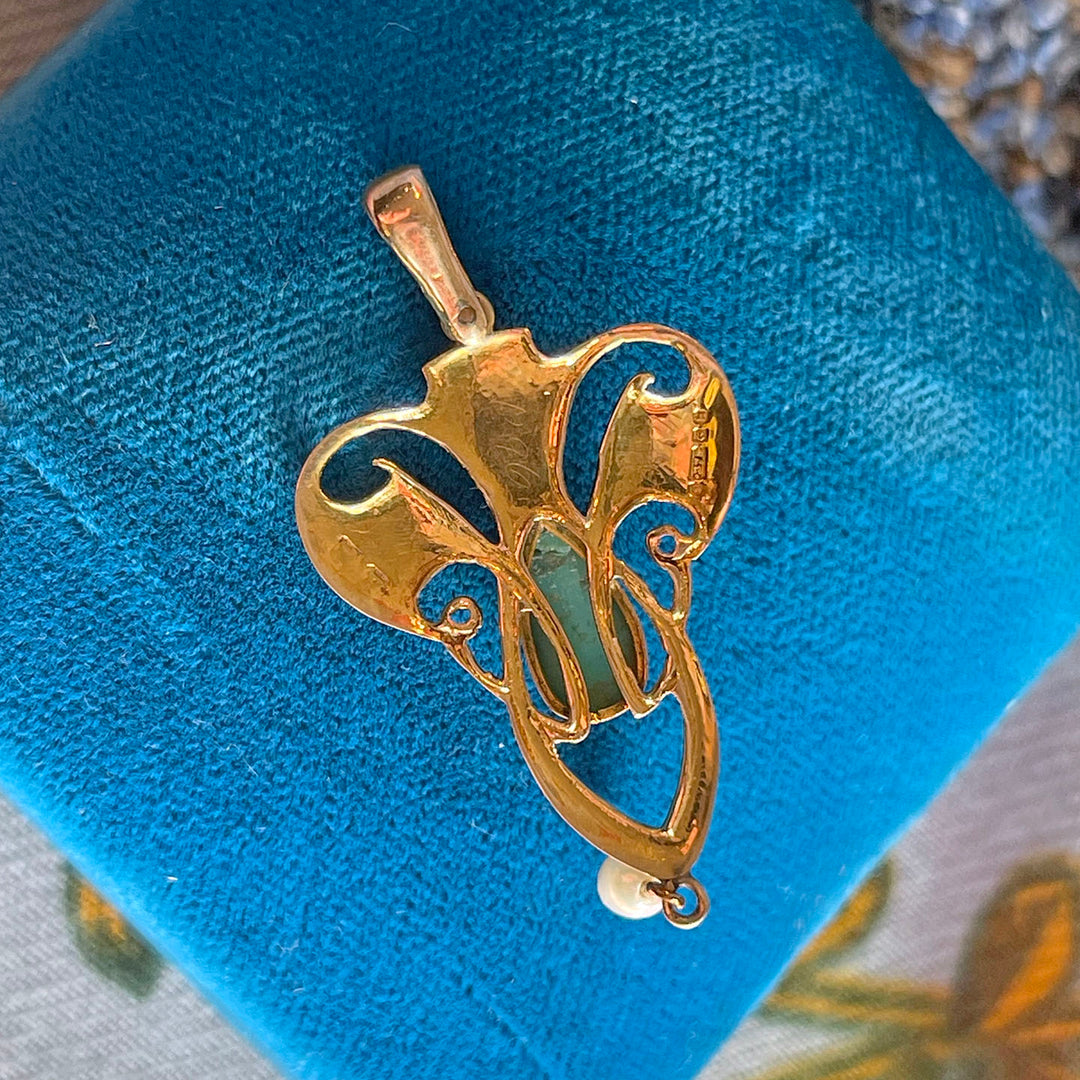 Antique Turquoise Pearl Pendant Edwardian Art Nouveau