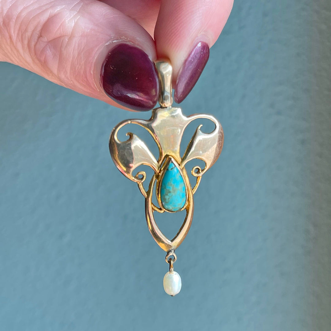Antique Turquoise Pearl Pendant Edwardian Art Nouveau