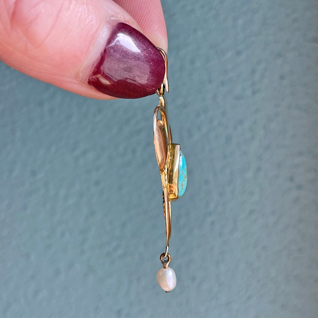 Antique Turquoise Pearl Pendant Edwardian Art Nouveau