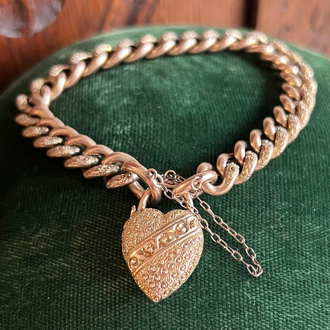 Antique Victorian Gold Heart Padlock Link Bracelet in Original Box, c.1890
