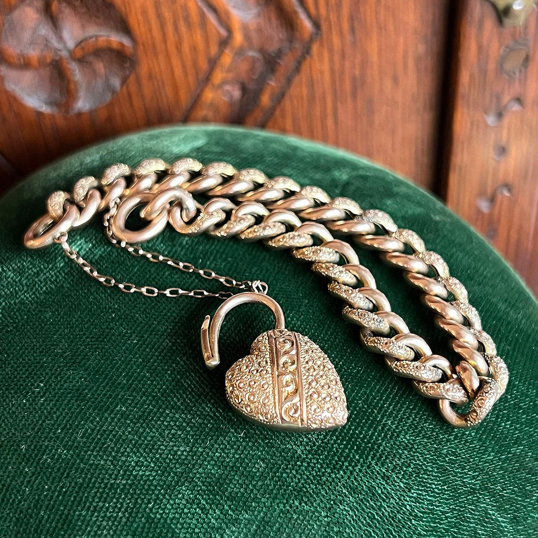 Antique Victorian Gold Heart Padlock Link Bracelet in Original Box, c.1890