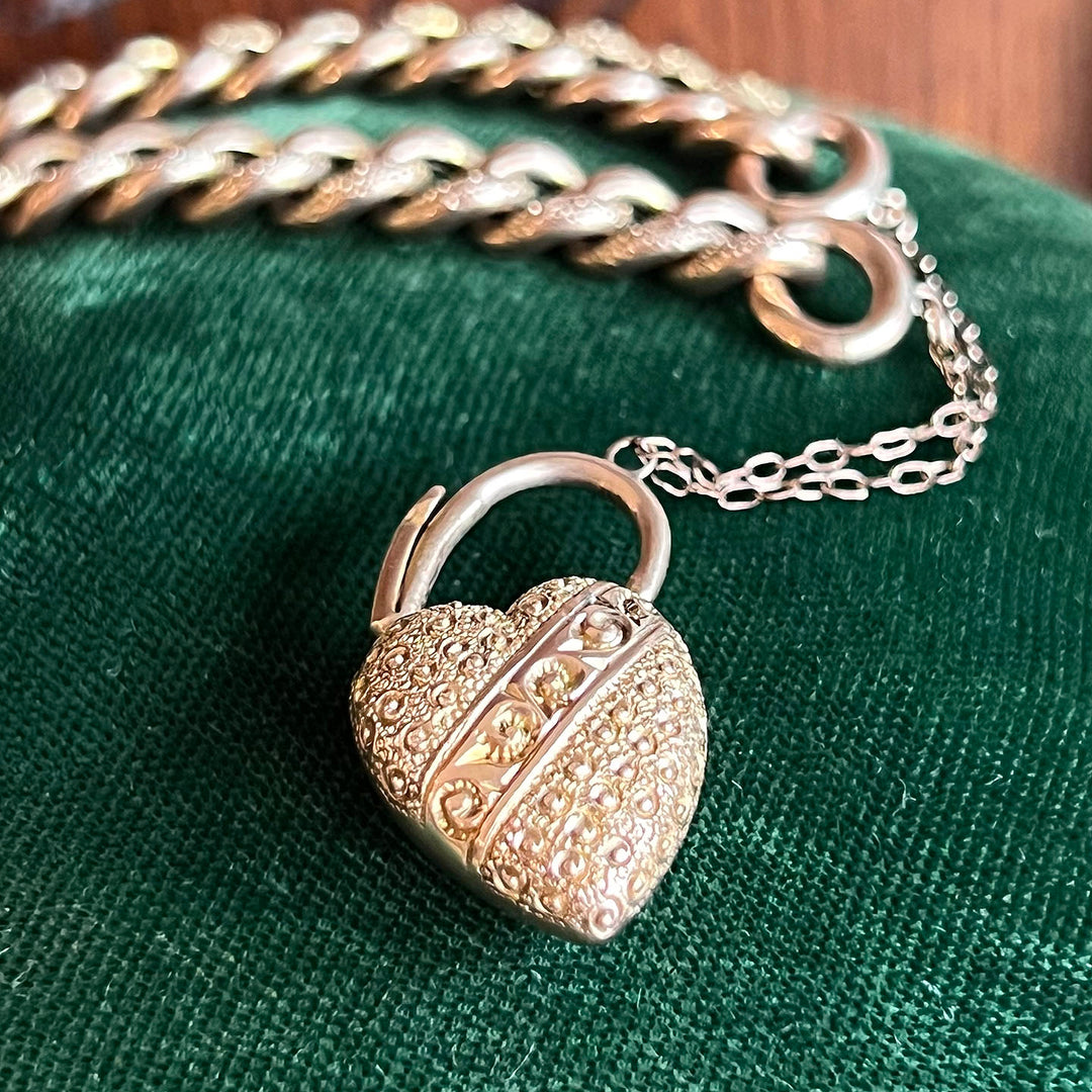 Antique Victorian Gold Heart Padlock Link Bracelet in Original Box, c.1890