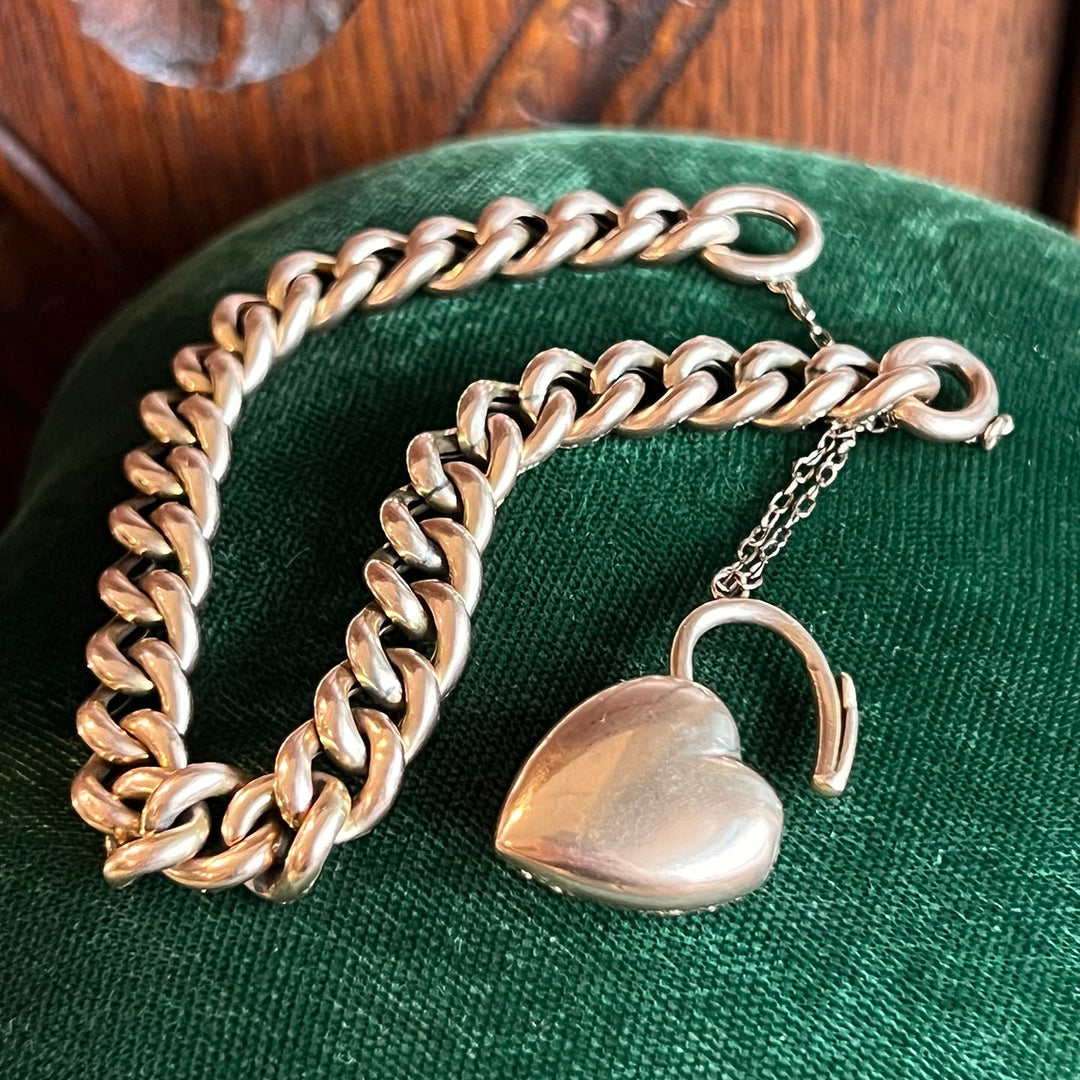 Antique Victorian Gold Heart Padlock Link Bracelet in Original Box, c.1890