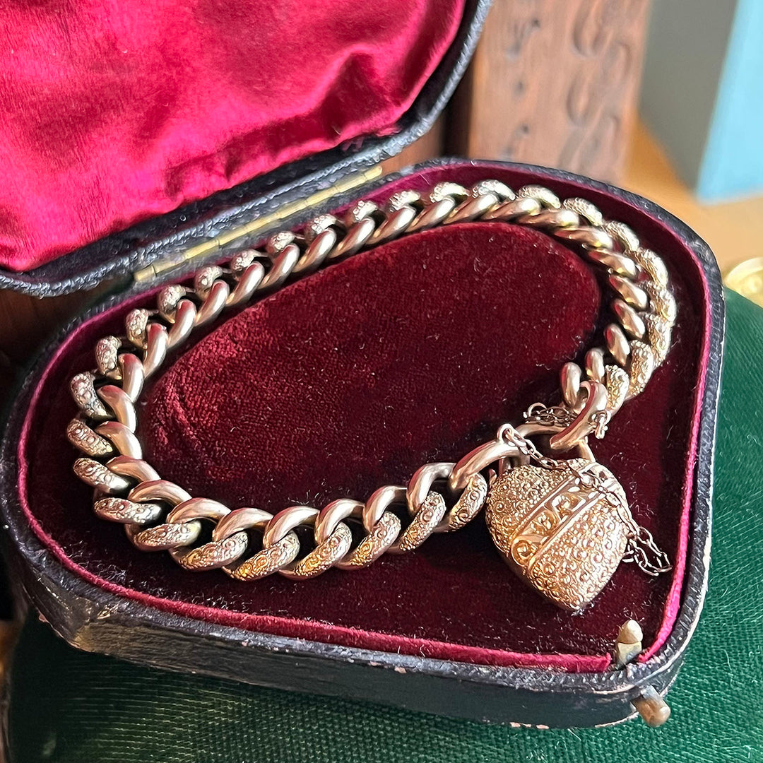 Antique Victorian Gold Heart Padlock Link Bracelet in Original Box, c.1890